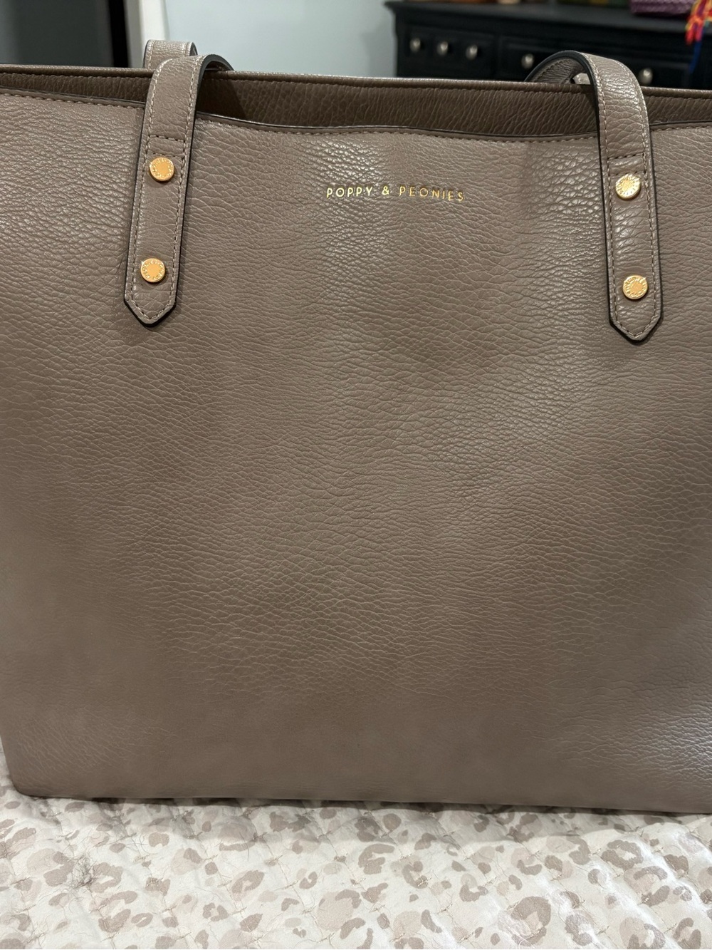Poppy & Peonies Taupe Leather Tote with Gold Studs